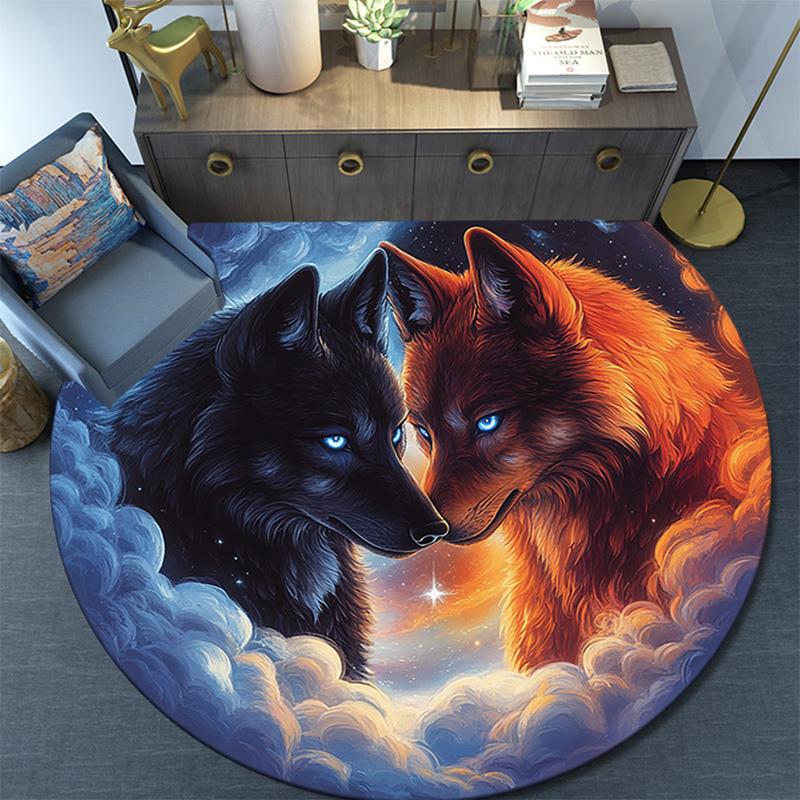 Fire and Ice Wolf Round Area Rug,Carpet Rug for Living Room Bedroom Sofa Playroom Decor,Non-slip Floor Mat