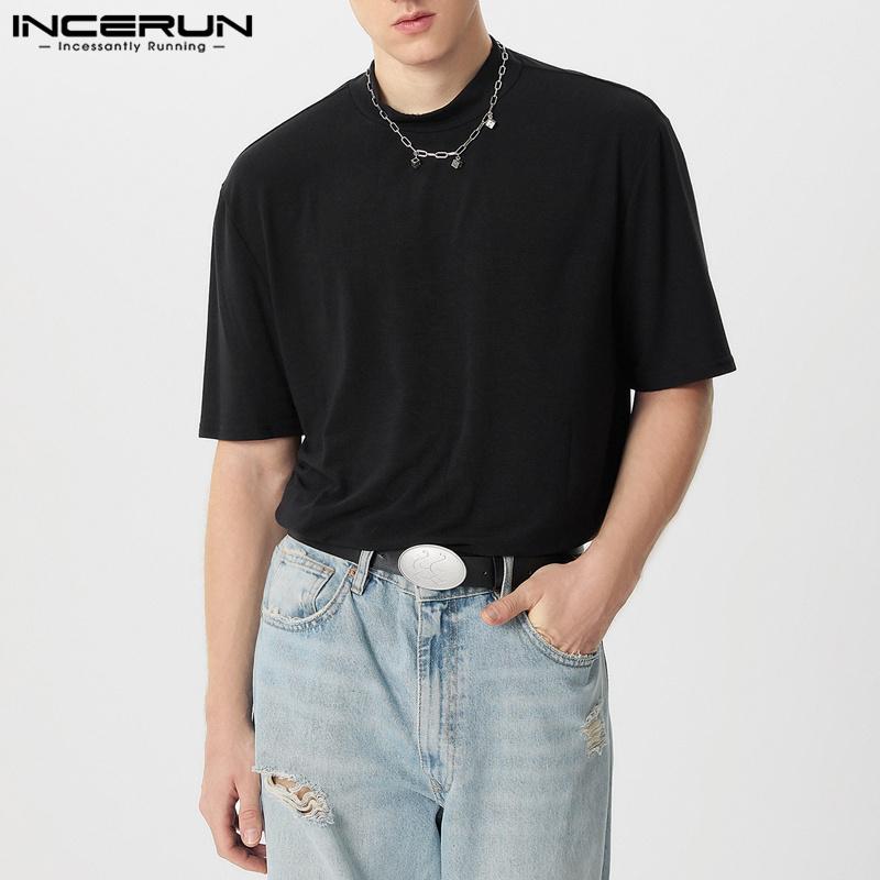 INCERUN Oversized Men High Neck Short Sleeve Casual Loose T Shirts Undershirts