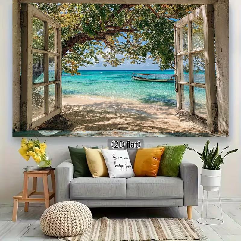 2D Tropical Beach Window Backdrop, Summer Vacation & Travel Themed Party Photography Background