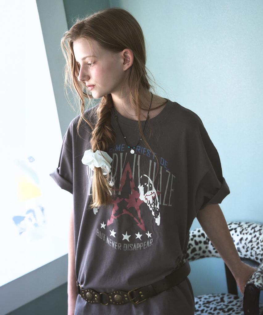 Ledeoli Emblem Star Oversized Short Sleeve T-Shirt [Charcoal]