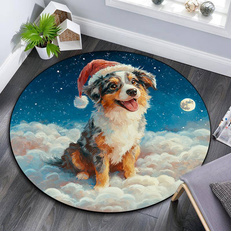 

Dog Santa Hat Round Area Rug,Carpet Rug for Living Room Bedroom Sofa Playroom Decor,Non-slip Floor Mat 80cmx80cm