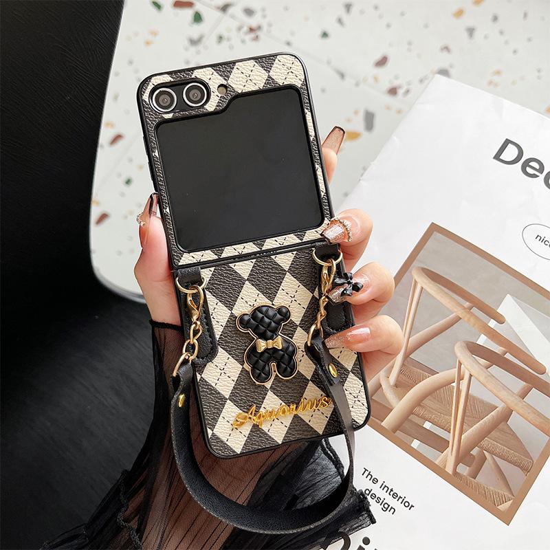 For Samsung Zflip6 Crossbody Rope Flip Phone Case P50 Folding Screen Xflip Bear Rhombus Letter Hard