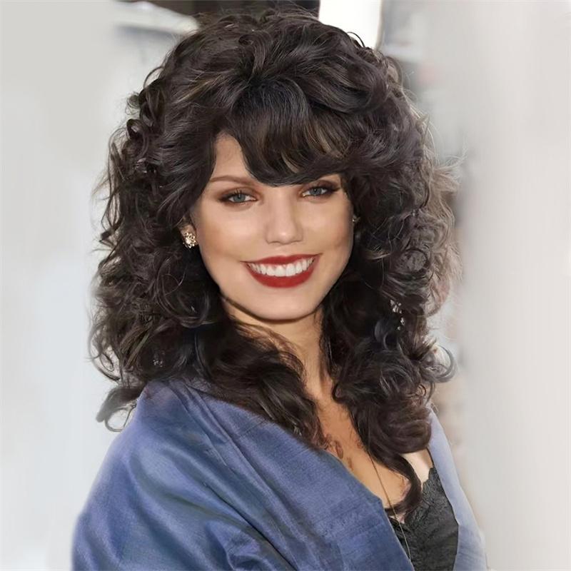 

Синтетические парики для чернокожих женщин с кудрявой текстурой и челкой, коричневый мелированный обычный парик, естественная прическа, пушистые волосы