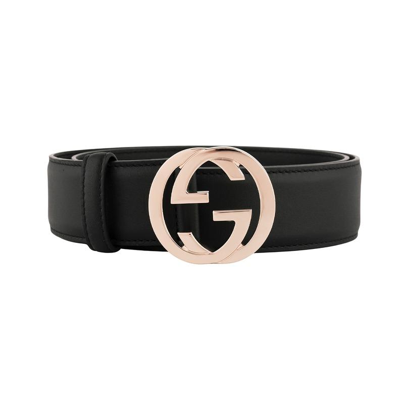 GUCCI Interlocking G series Double G logo smooth buckle Interlocking double G logo styling buckle Leather Belt Women's 370543-AP00G-1000 black