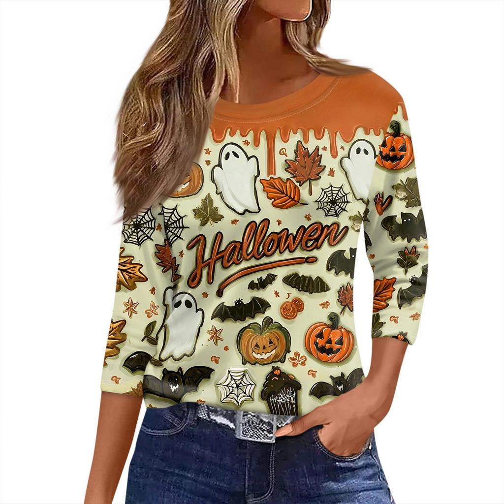 Damen T-Shirt Halloween Print 3/4 Ärmel Alltagsmode Basic Rundhals Reguläres Oberteil