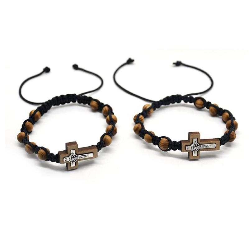 Alloy Pine Weaving Crucifix Stretch Bracelet Personality Handmade Knitted Jewelry for Men Boy Christian Ornaments Gifts
