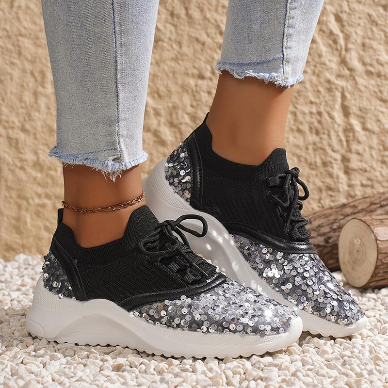 

Модные серебристые кроссовки с блестками для женщин Весна 2025 Платформа Плоская с вязаной обувью Женские лоскутные дышащие повседневные туфли Балетки 43 38 чёрный
