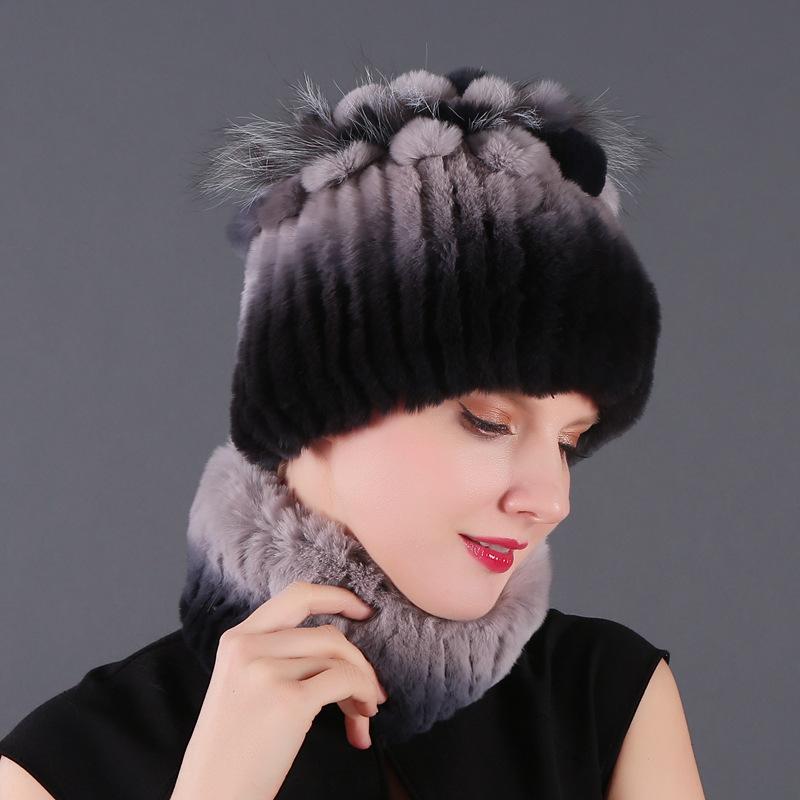 

Женский новый комплект из двух предметов: короткая крашеная шапка-шарф из кролика рекс и чернобурки, зимняя теплая вязаная меховая шапка Hat, scarf set