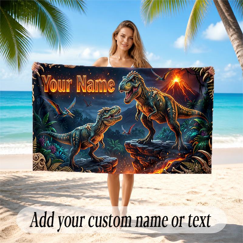 Dinosaur Theme Quick Dry Beach Towel Custom Name Text Print Large Sand Resistant Towel Beach Vacation