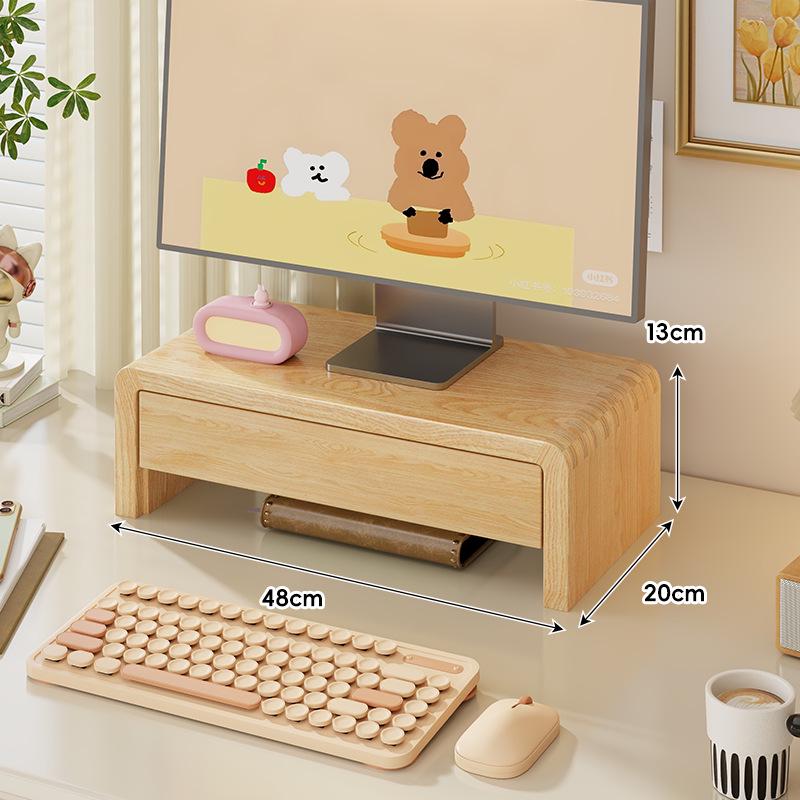 Solid Wood Monitor Stand for Girls' Office with Storage Shelf