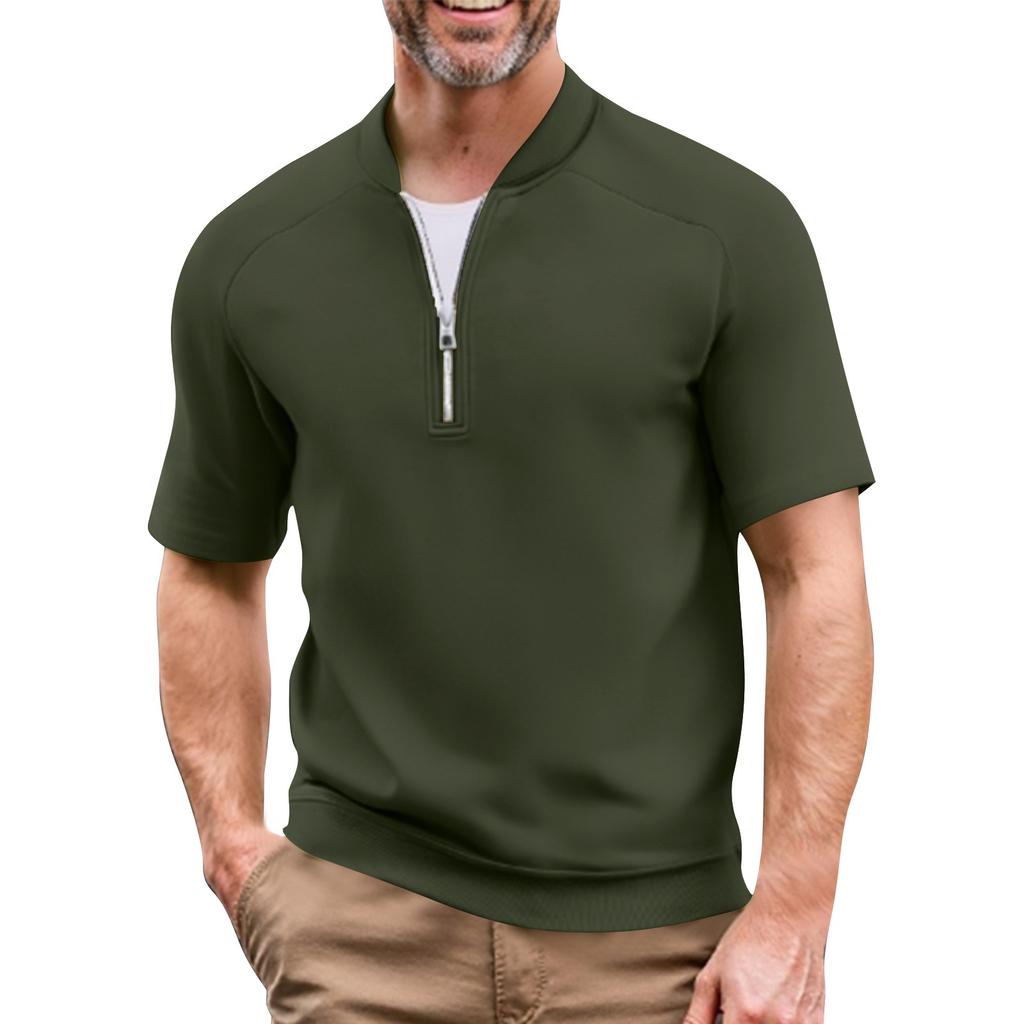 Men's Summer Solid Color Casual T-shirt Sports Breathable Zipper Collar Top