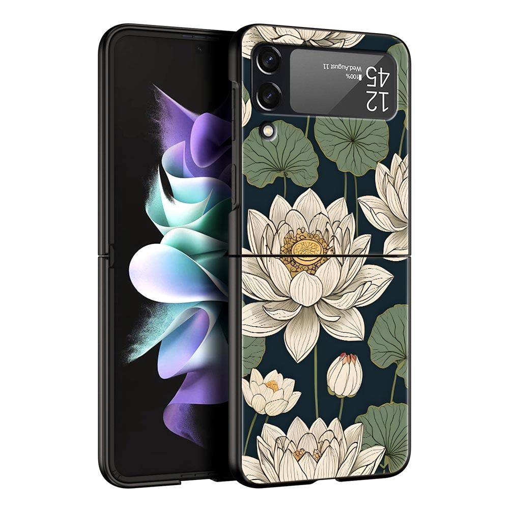 

Phone Case for Samsung Galaxy Z Flip 3 4 5 6 7 Folding Black Shell For Samsung Z Flip4 Flip5 PC Hard Cover Lotus Pattern Galaxy Z Flip7