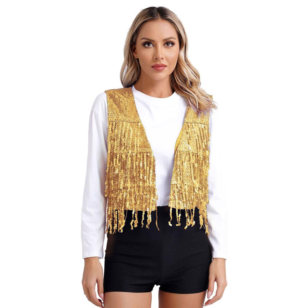Women's Shiny Sequin Sleeveless Vest Sparkly Casual Open Front Waistcoat Jackets Glitter Vest Coat