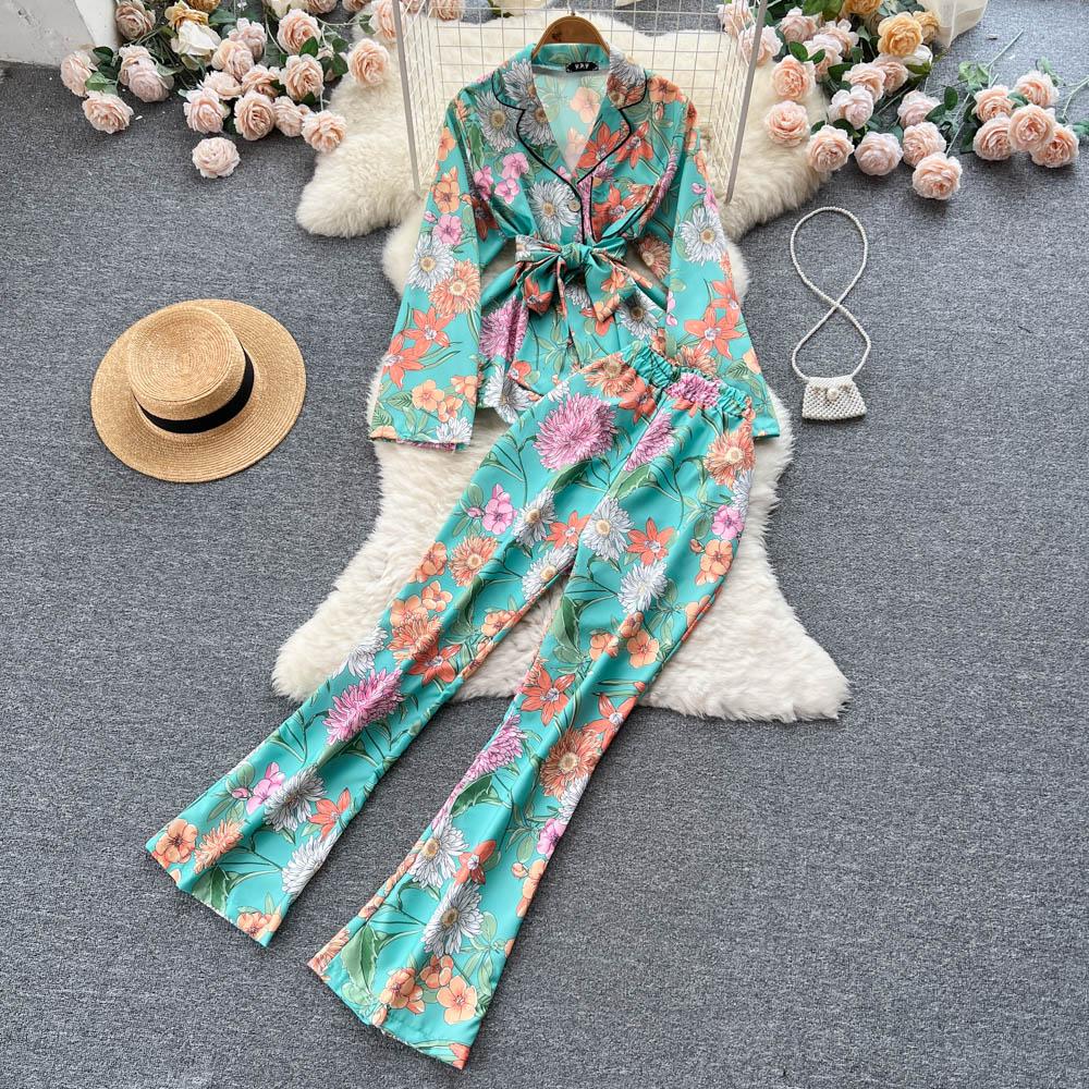 

Осенний костюм в европейском и американском стиле с ретро-принтом и длинными рукавами, куртка с высокой талией, свободные повседневные широкие брюки, костюм из двух частей