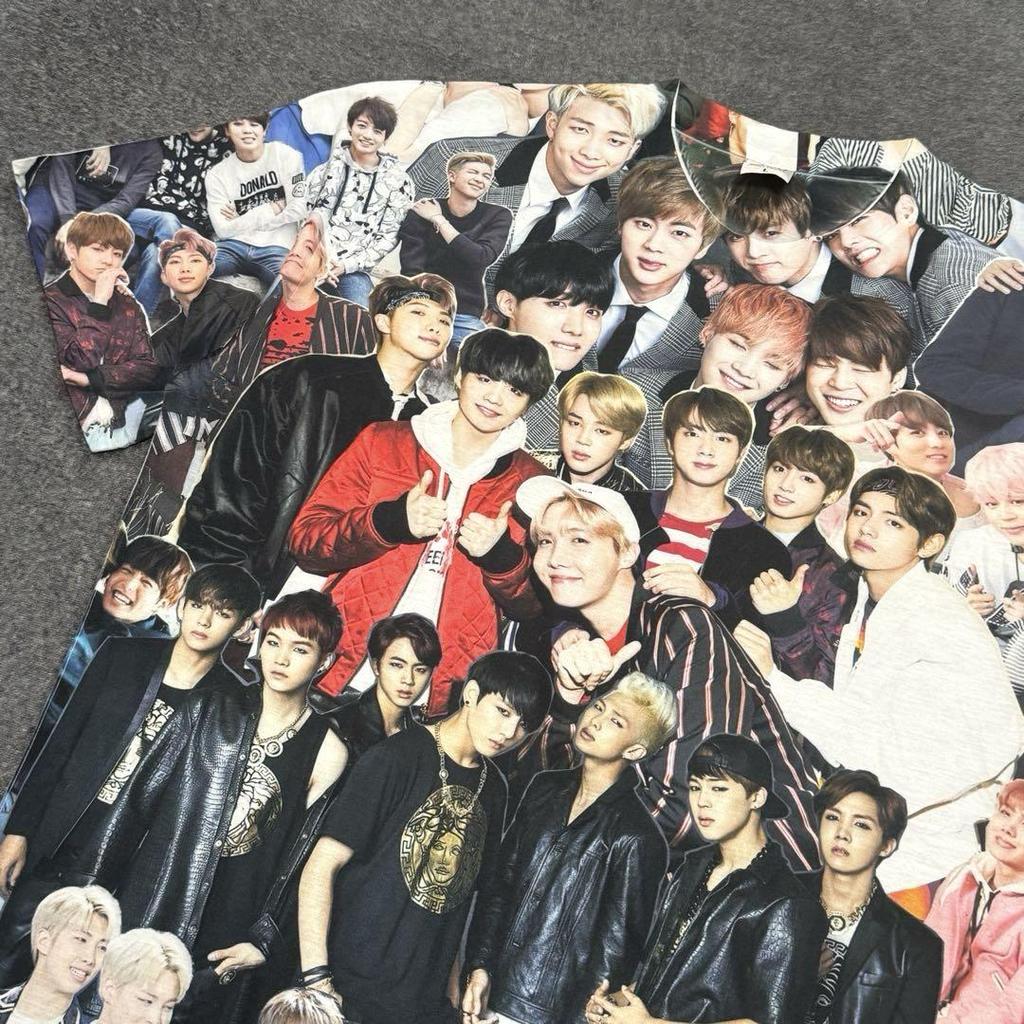 [USED] BTS all-over print T-shirt featuring V, Jungkook, Jimin, Jin, and Suga. Rare.