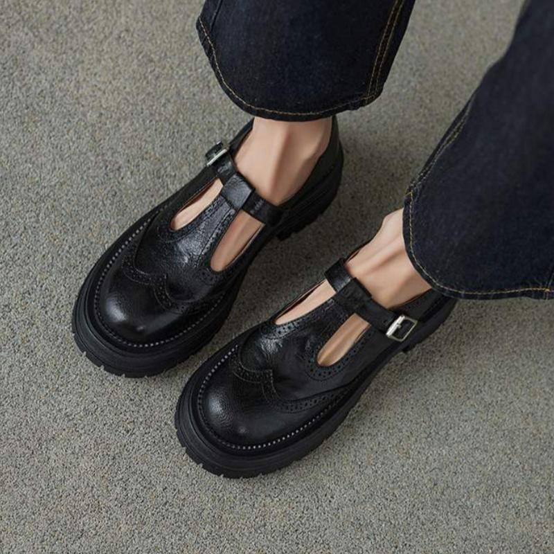 Fashion Retro Women's Brogue Leather Shoes Spring Round Head Carved Mary Jane Shoes Women Oxfords Women's Shoes Ladies Leather Female