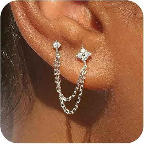 18 Karat Gold Plated Quadratischer Ohr-Cuff und Kette Zirkon Steckerohrringe Set - Drei Teile