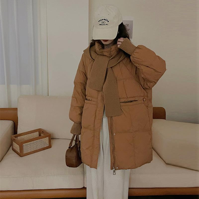 

Женский пуховик средней длины и длинный 2025 зима простой свободный теплый шарф ощущение высокого класса утолщенная женская куртка One Size