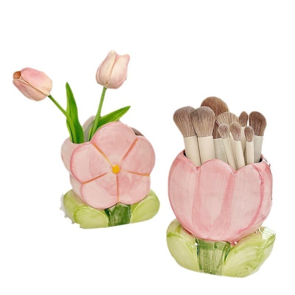Ceramic Flower Makeup Brush Storage Bucket Pen Container Ceramic Tulip Pen Holder  Girl Gift