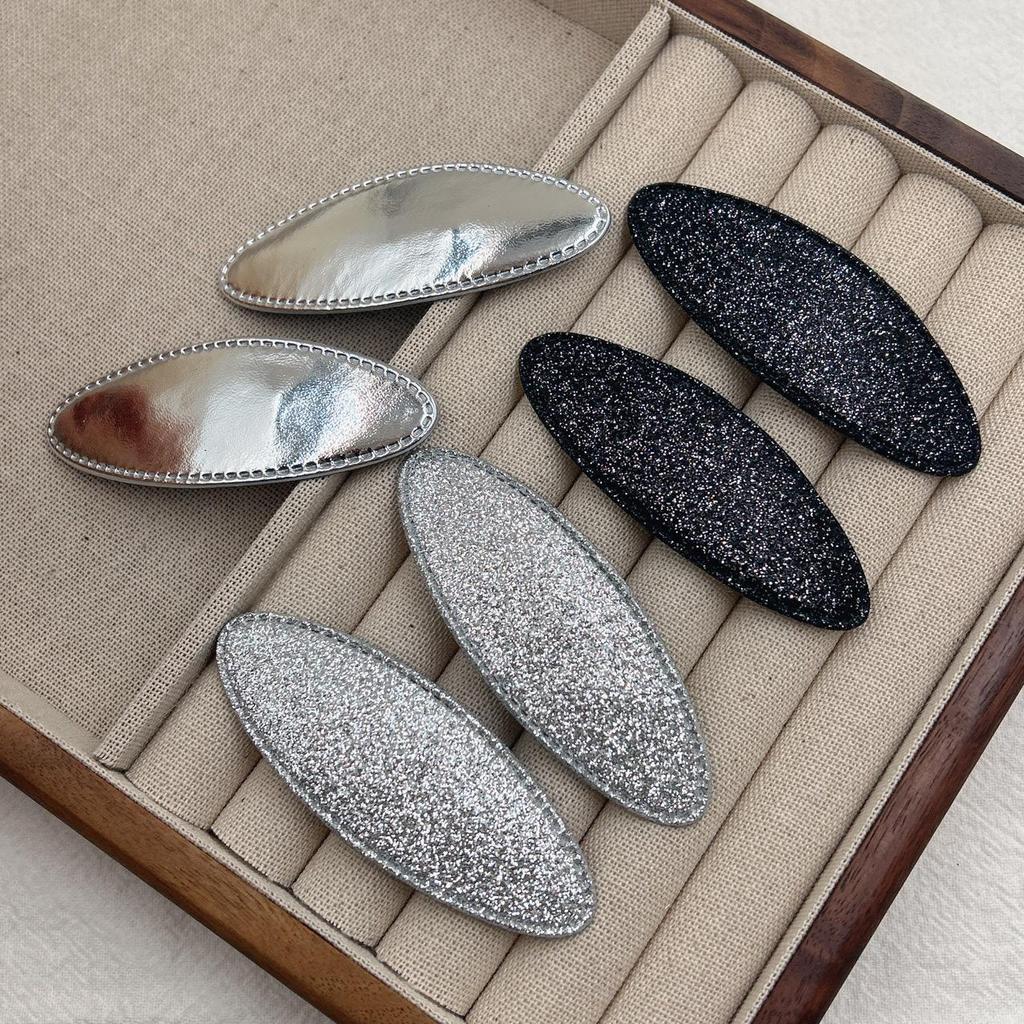 Korean Silver Glitter Oval Hair Clip for Women - Stylish Side Clip for Bangs