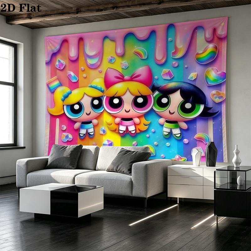 Powerpuff Girls Wall Tapestry Aesthetic Wall Hanging Printed Fabric Blanket Decorative Tapestries for Bedroom Living Room Home Decor