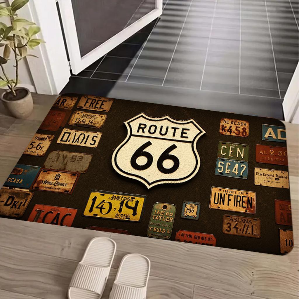 

Коврик для двери с номерным знаком Route 66 Винтажный дизайн американского дорожного путешествия для входной двери Нескользящий коврик Подарок для любителей автомобилей 40x60cm