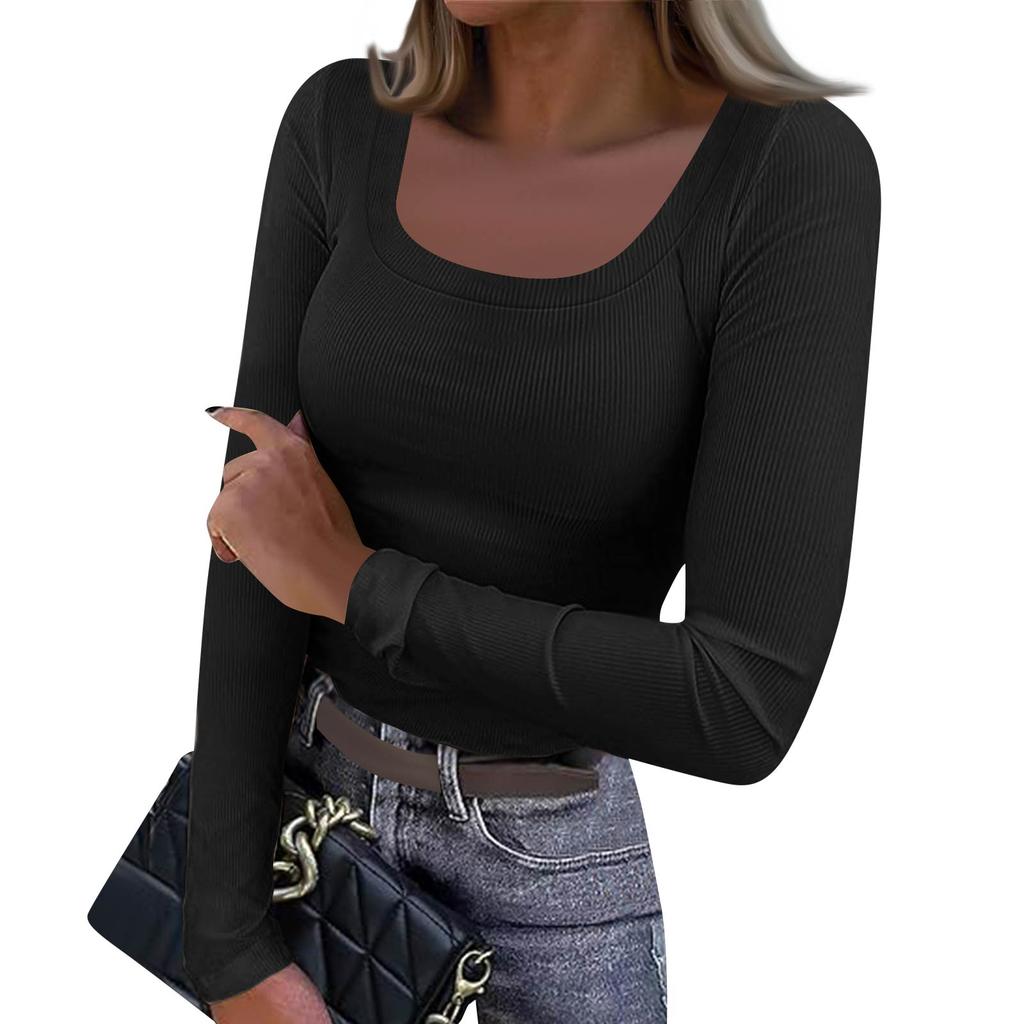 Women's  And Winter Slim Bottom T-shirt Fashion Casual Solid Color Square Neck Pullover Long Sleeve Top