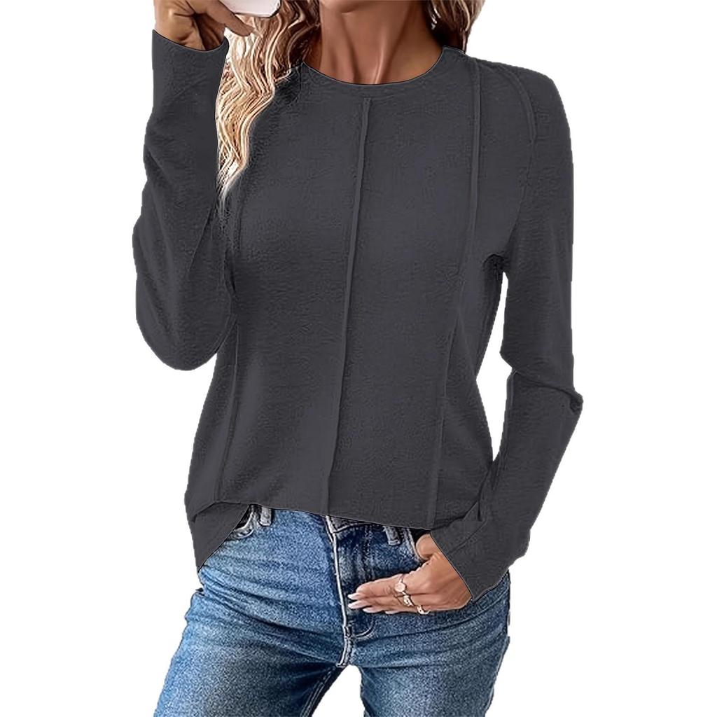 2025 Women's Casual Long Sleeve Pleated Knit Top - Round Neck, Solid Color