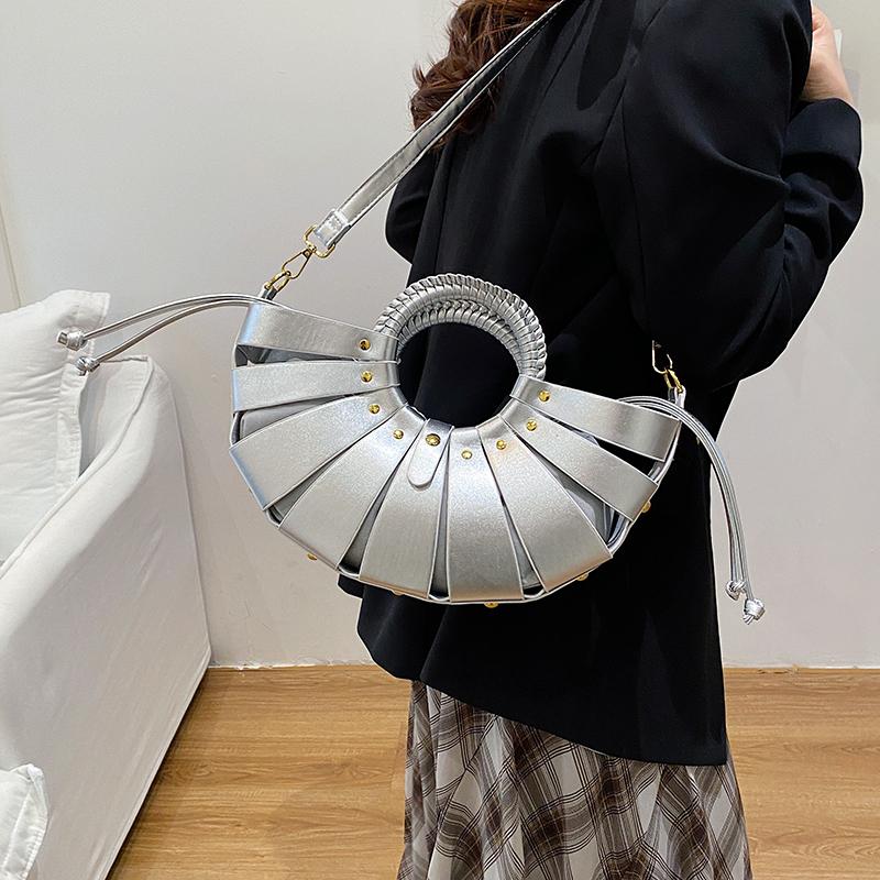 2026 New Brand Handbag Trendy Half Moon Bag Gold Silver Evening Clutch Bag Large Tote Bag Female Hollow Out Beach Shoulder Bag