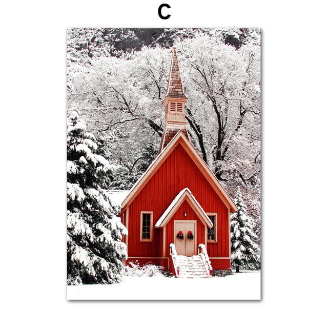 Cuadro de paisaje de invierno, pintura en lienzo, arte de pared, pino, coche rojo, casa de pino, árbol, póster e impresión para decoración del hogar, regalo de Navidad