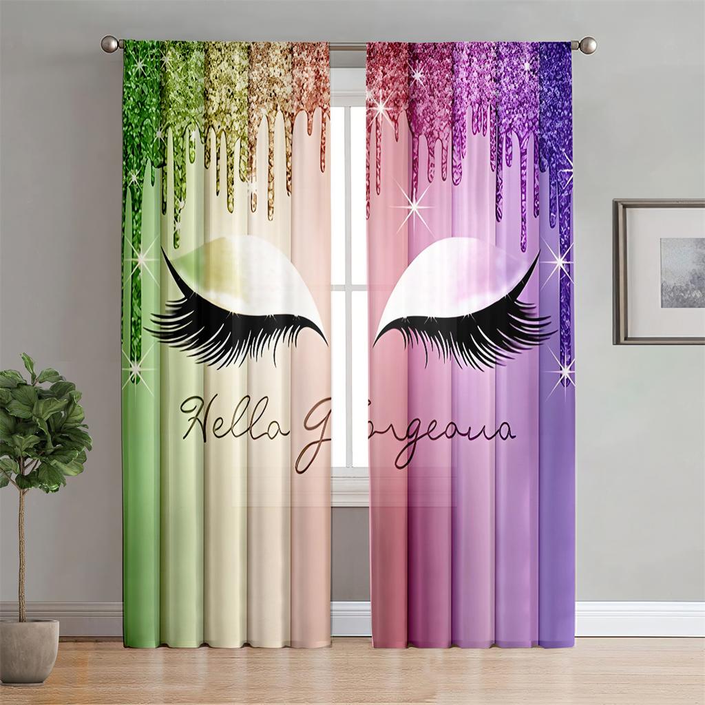 Wimpern Regenbogen Prinzessin Gold Glitzer Frauen Mädchen 2 Stück Lichtfilter Vorhang für Wohnzimmer Schlafzimmer Fenster Deko
