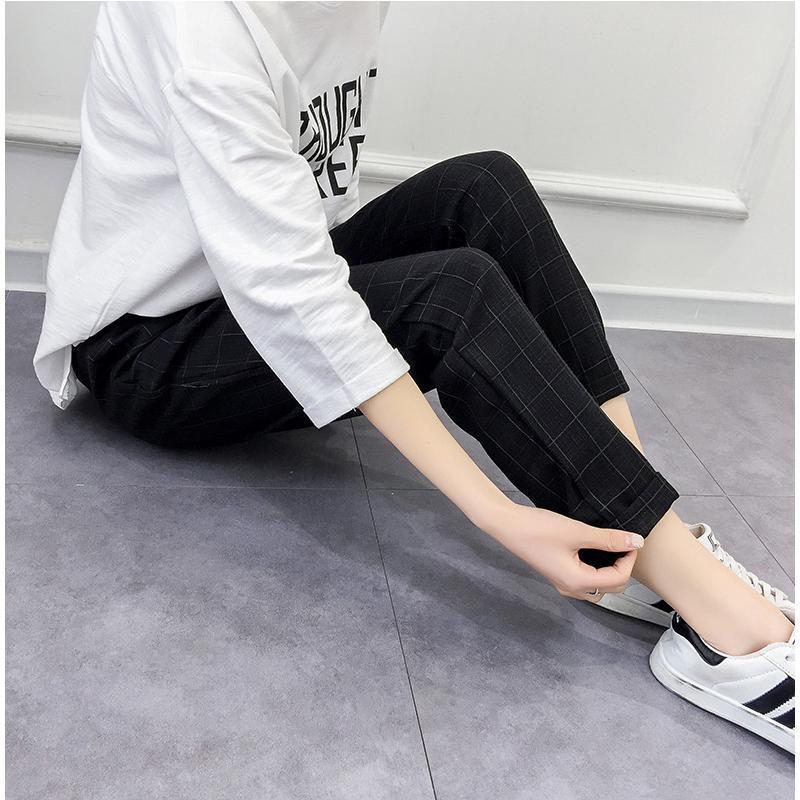 Shein Kordelzugsaum Hose Karomuster Aufgerollt Stilvoll Hohe Taille Harems Hose In Grau