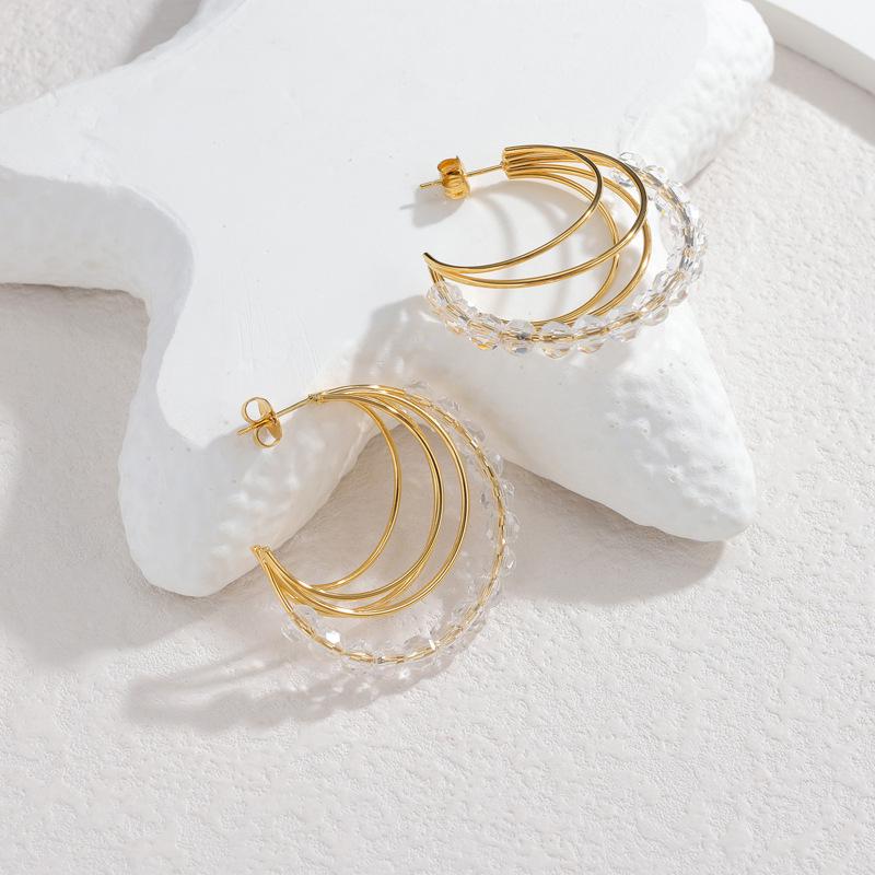 18k Gold Stainless Steel Geometric C-Shaped Beaded Earrings for Women - Elegant Fashion Jewelry