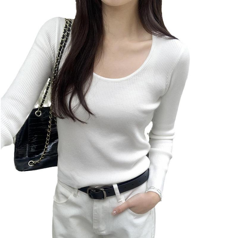 Tricou tricotat cu mâneci lungi pentru femei, nou de primăvară, slim-fit, culoare uni, cu guler U, cămașă de bază cu haine casual