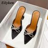 Fashion Eilyken Summer Butterfly-knot Pointed CRYSTAL Thick Heel Slippers Sexy Street Woman Square Toes Dress Shoes Zapatilla De Mujer
