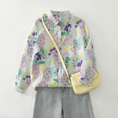 DIMANAF 2025 Nieuwe Plus Size Dames Tops Shirts T-shirts Bloemen Casual Losse Blouse Herfst Print Katoen Lange Mouw
