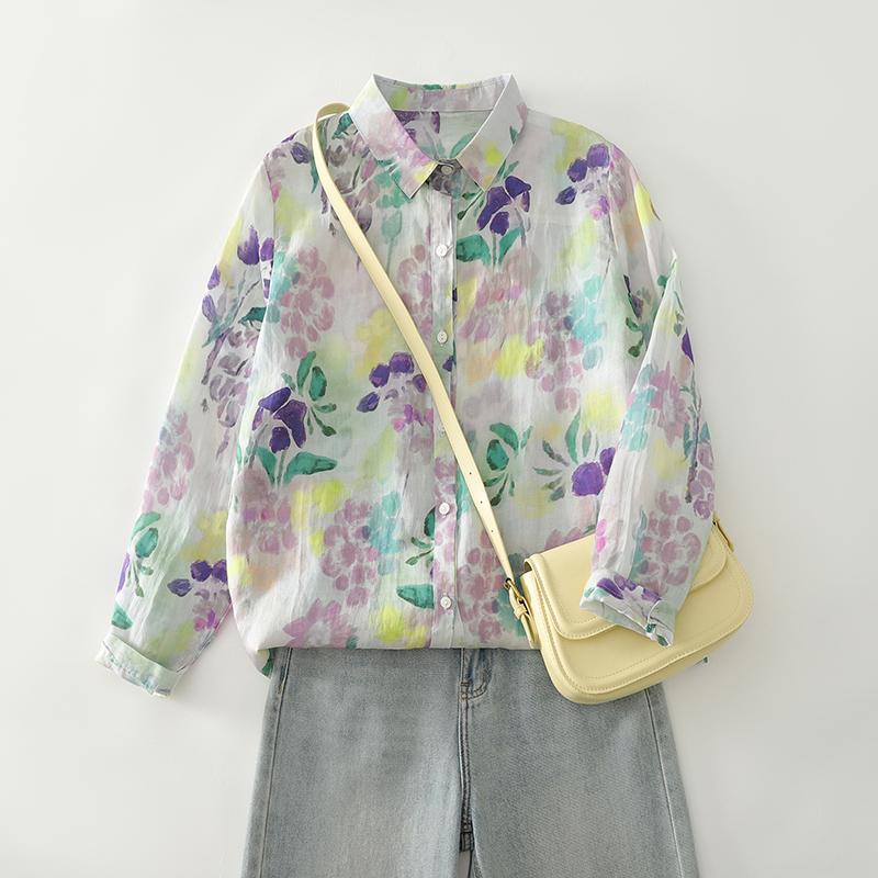DIMANAF 2025 New Plus Size Women Tops Shirts Tees Floral Casual Loose Blouse Autumn Print Cotton Long Sleeve