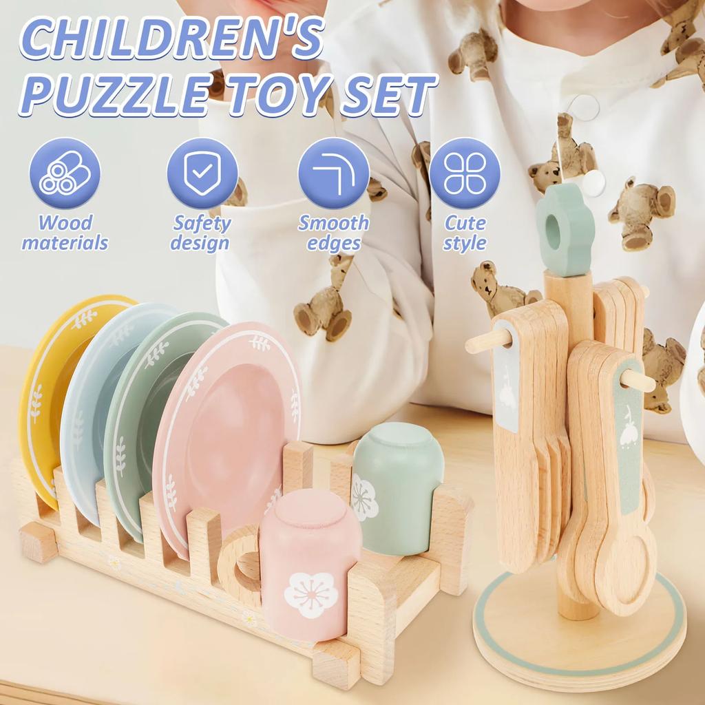 Kid Wooden Dinnerware Toy Set Safe Wood Kids Kitchen Playset Funny Toddler Kitchen Toy Children Kitchen Cutlery and Plate Toy