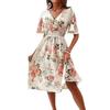 Floral Print A Line Dress for Women V Neck Short Sleeve Elastic Waist