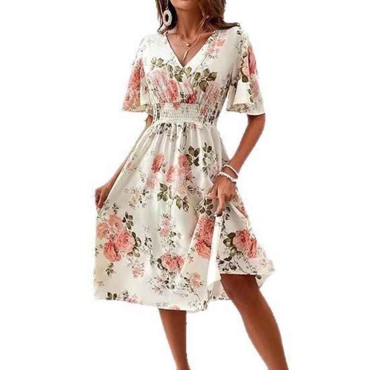 Floral Print A Line Dress for Women V Neck Short Sleeve Elastic Waist