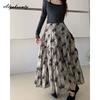 Korean Fashion Spring Summer Women Maxi Long Skirt High Waist Coffee Gray Floral Printed Skirts Womens Elegant Ruffles Vintage Feminine Skirt