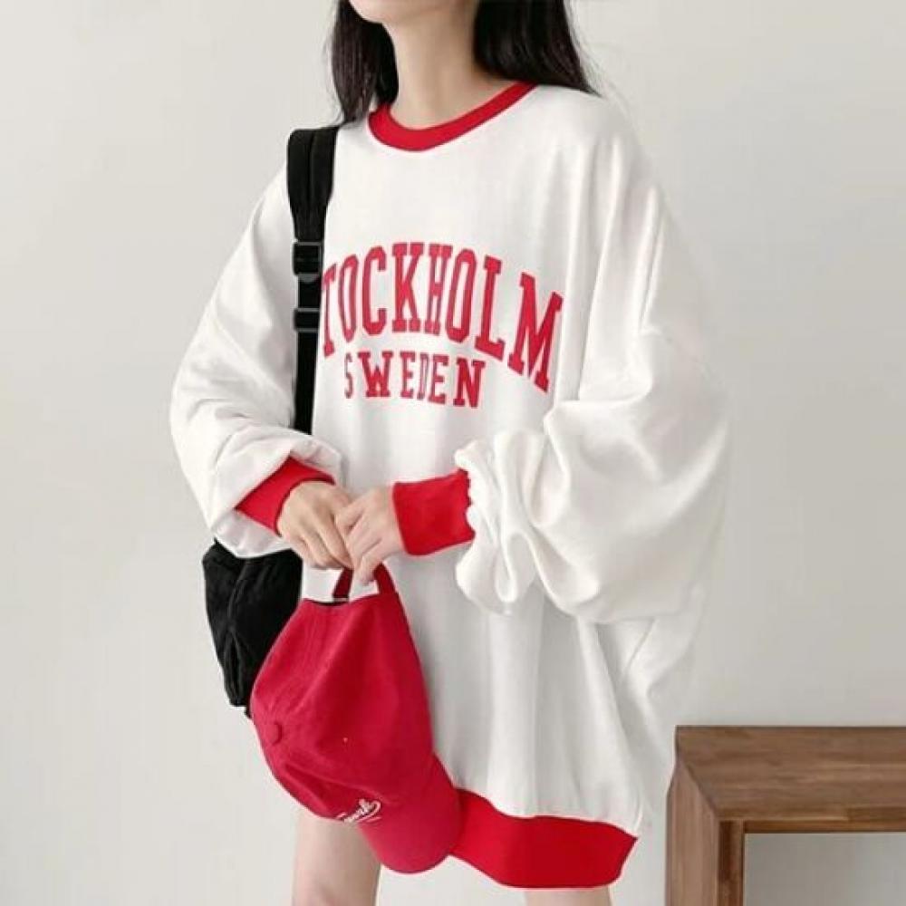 Navava Women Loose Fit Color Block Lettering Long Sleeve Sweatshirt Nt3031