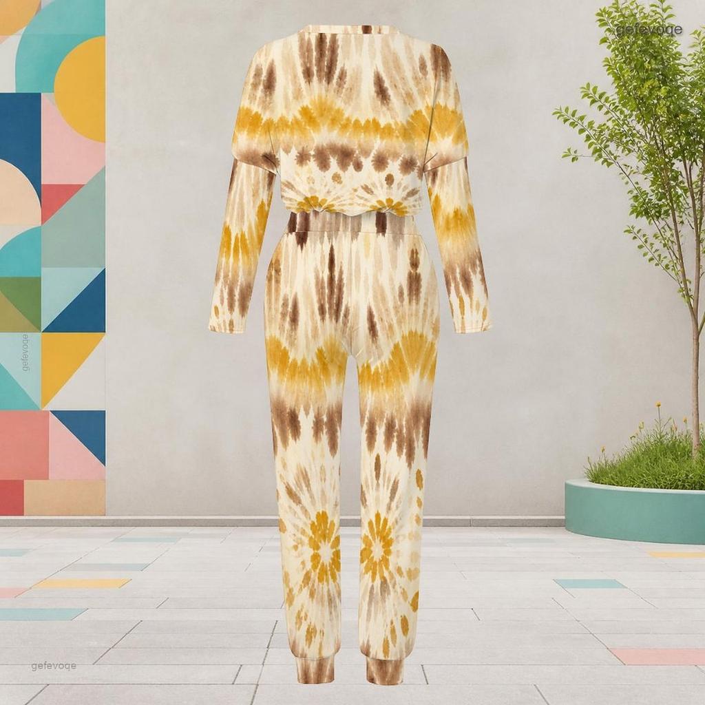 Women Plus Size Printed Round Neck Long Sleeve Two Piece Set Cuffed Top Cuffed Pants With Pockets