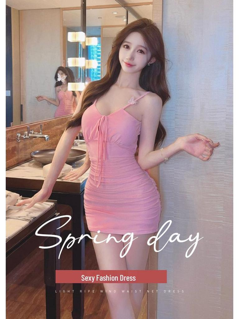 Spicy Mesh Low-Cut Sexy Dress with Hip-Hugging Short Skirt