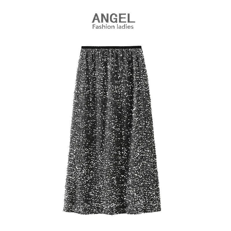Autumn 2023 Women's Bodycon Sequin Midi Skirt with Back Slit (D8035)