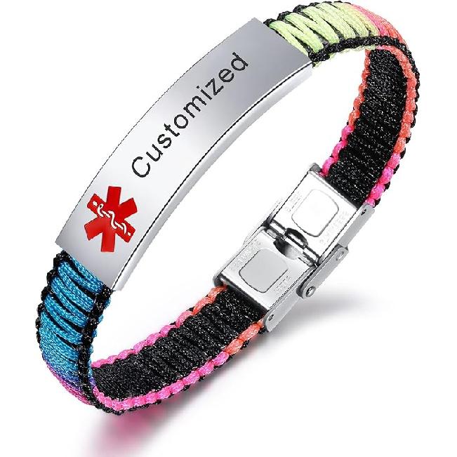 Medical Alert Bracelet for Women | T1D T2D Diabetes Epilepsy Medical Alert ID Emergency Bracelet for Girls & Boys | Handmade Nylon Rope Braided
