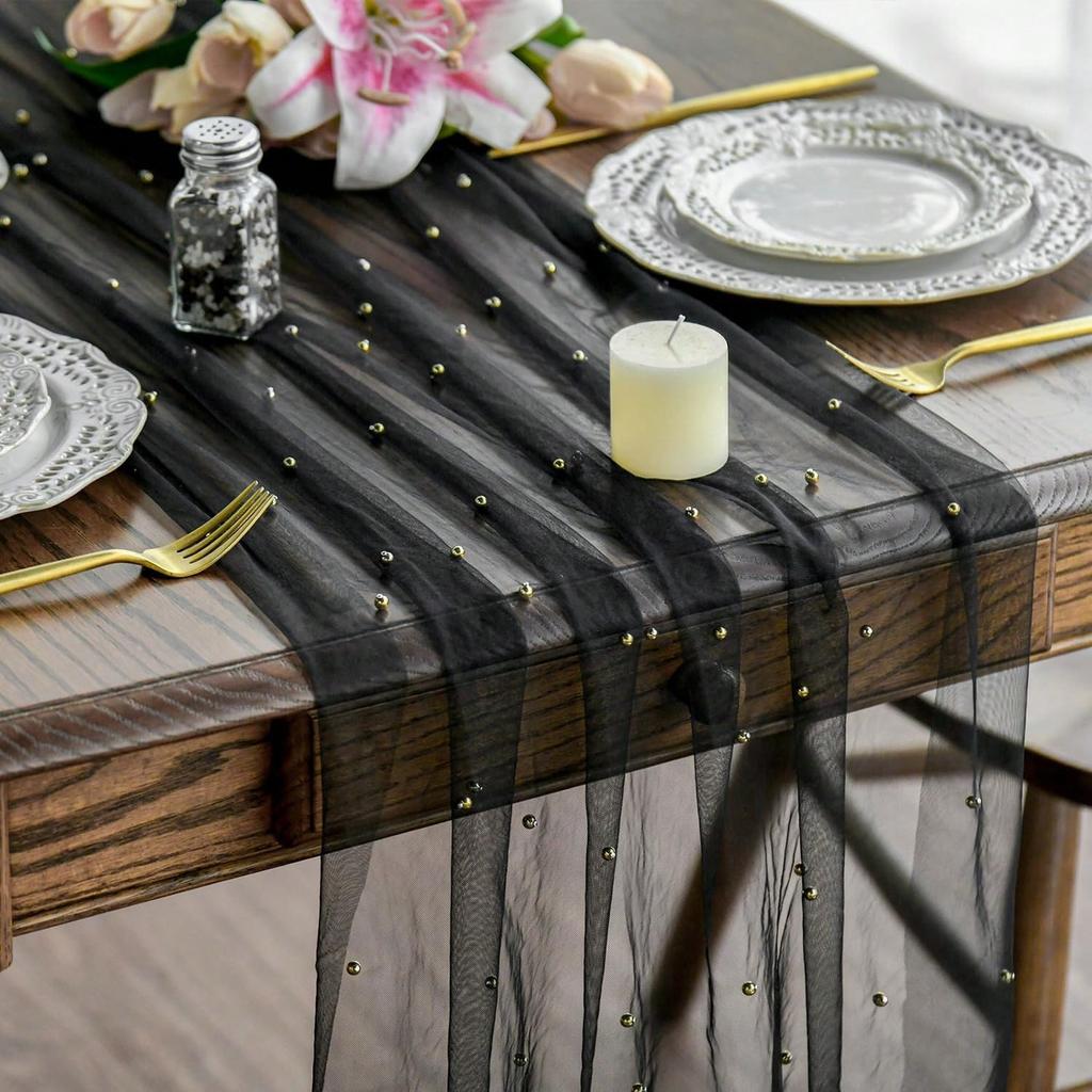 Luxurious Pearl Tulle Table Runner, 120 Inches Seasonal Tulle Table Decoration Suitable For Holidays Weddings  Birthdays  Family Gatherings.