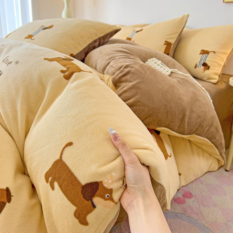 Thickened Milk Fleece Four-Piece Set Double-Sided Coral Flange Fleece Bed Sheet Quilt Cover Three-Piece Set Of Bed Hat
