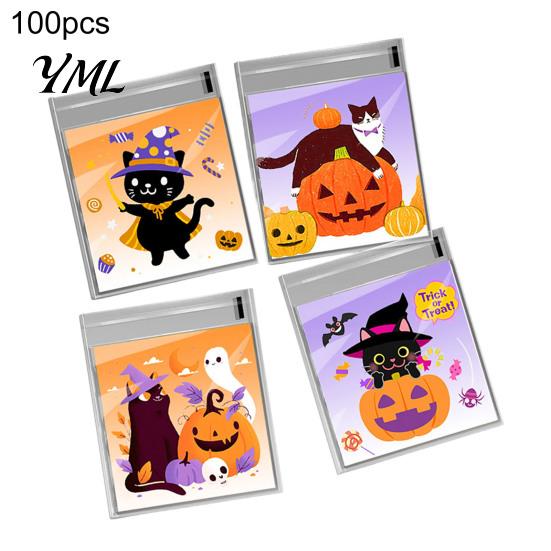 Small Plastic Bags for Treats 100 Pcs Halloween Treat Bags, Self Adhesive Seal Clear Candy Dessert Cute Cartoon Pouches Cookie Trick or Party
