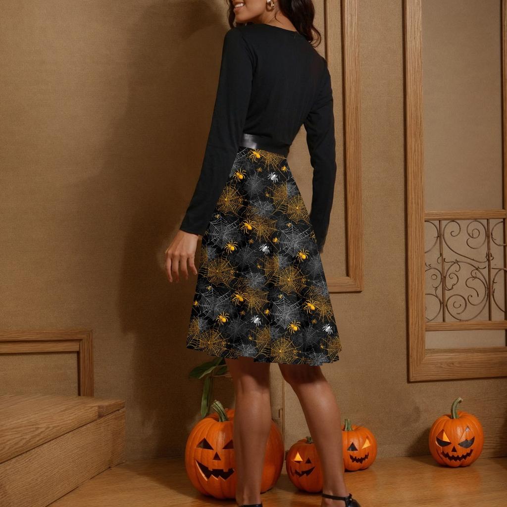 Damen Casual Fashion Langarm Halloween Grafik bedruckt Vintage Lange Kleider